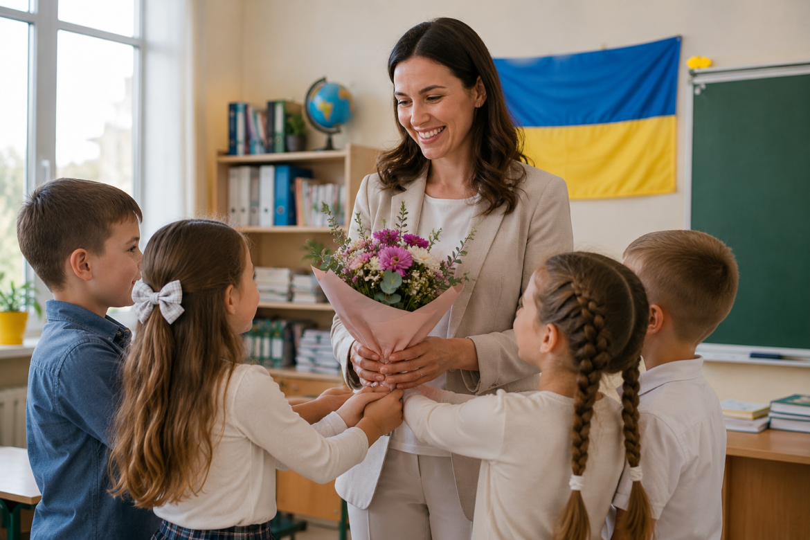Діти дарують учительці букет квітів у класі з українським прапором