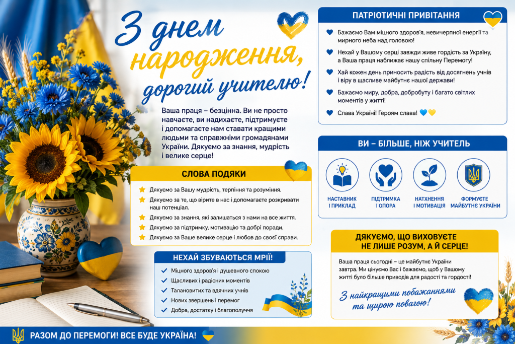 Інфографіка з патріотичними привітаннями та словами подяки вчителю з днем народження